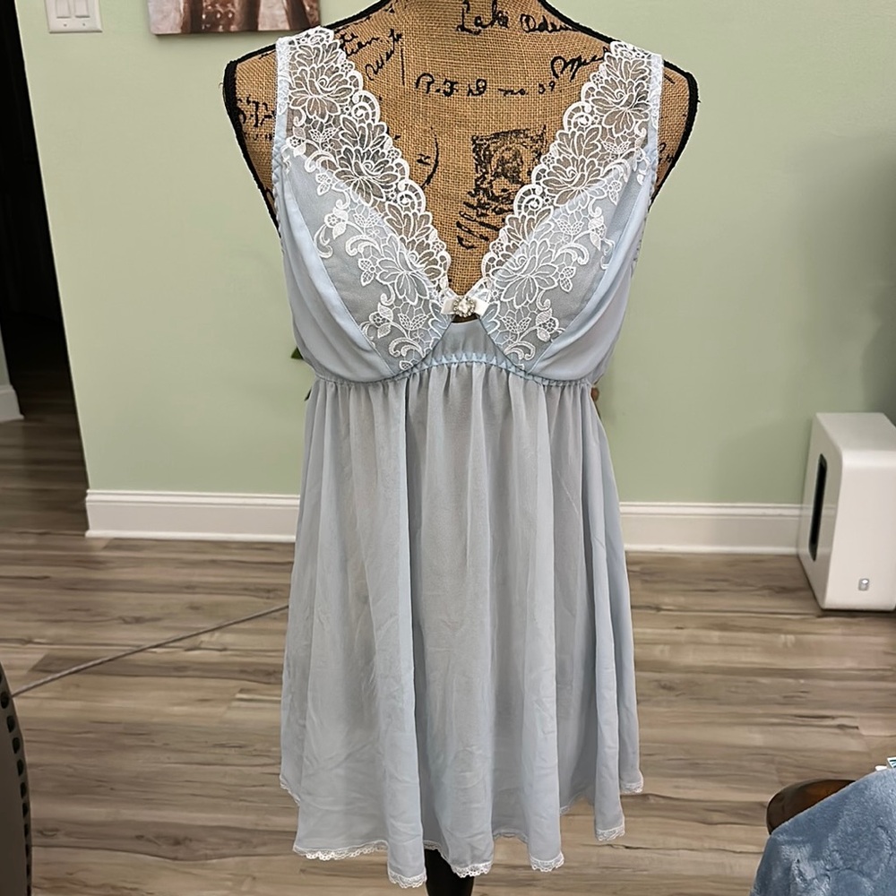 Elegant Lace Trim Blue Nightgown by Seductive wear. In excellent condition